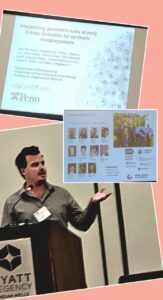 A collage of photos: Alex Hughes presenting, the title slide of his presentation with the title "Interpreting geometric rules of early kidney formation for synthetic morphogenesis," and his acknowledgements slides.